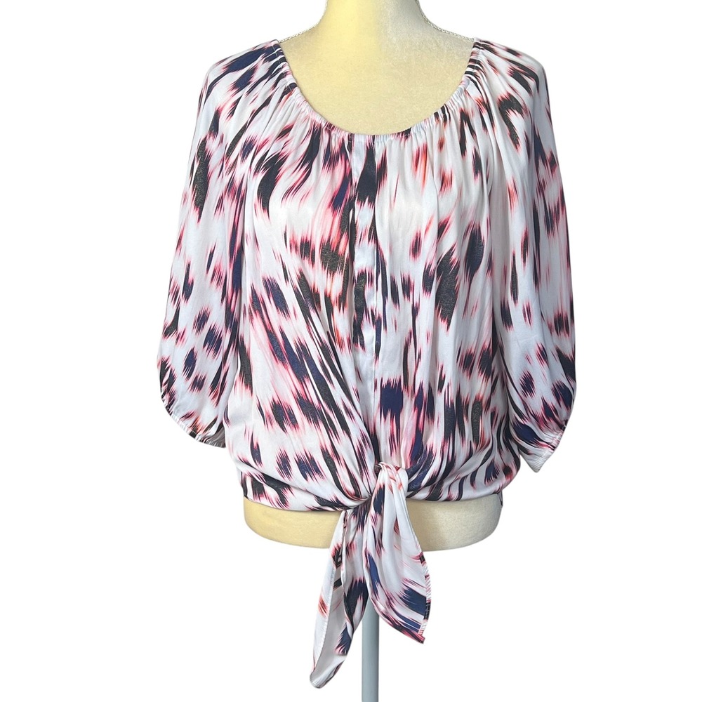 Jennifer Lopez Women's Blouse Pink Navy Ikat Metallic Tie Front Puff Sleeve M